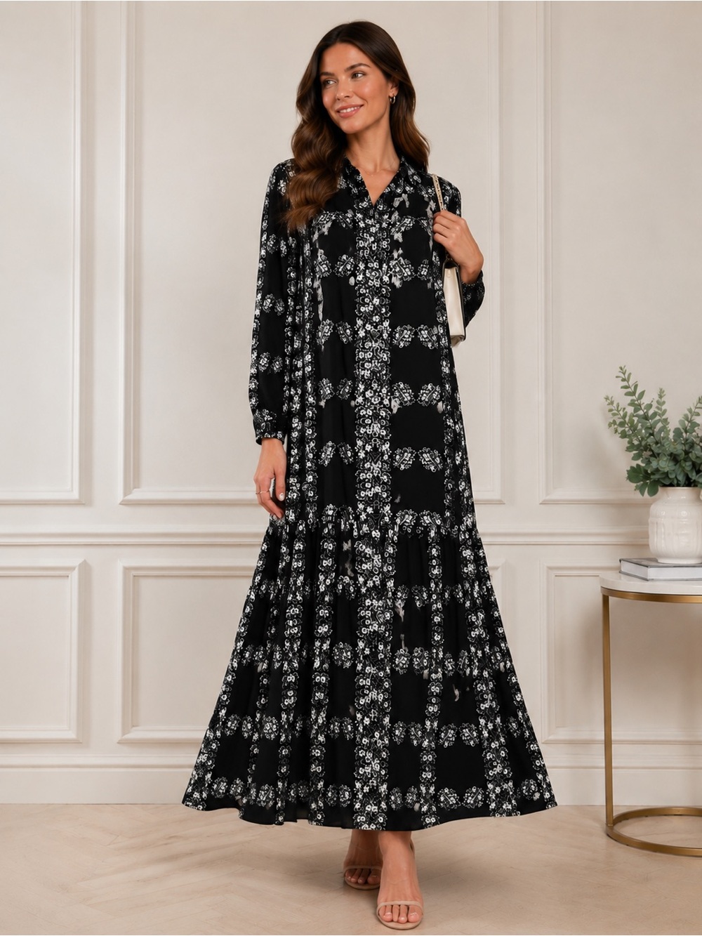 Hyacinth House Navy Blue & White Floral Maxi Dress – Size Small